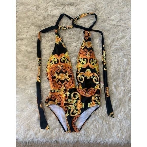 Orange, Yellow and black one piece low V cut Swim suit size Large - Picture 8 of 11